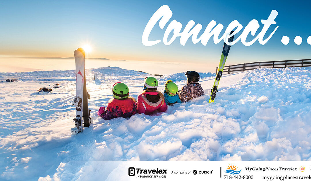 "connect..." written over an image of a family watching the sunset at a ski resort sitting in the snow.